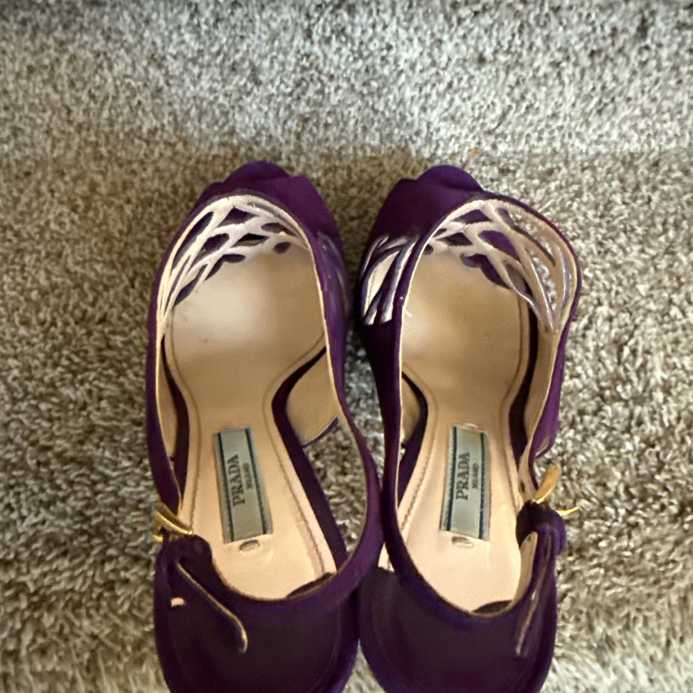 Prada Women’s Purple Suede Lattice Slingback Platform High Heel Sandals - Picture 4 of 12